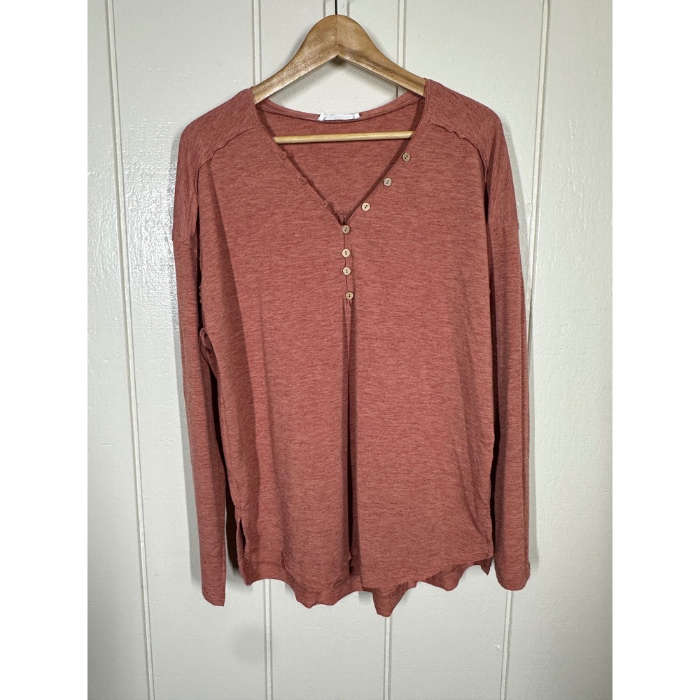 Talulah Top Womens L Orange Henley Long Sleeve Pleated Back Casual Shirt 7601